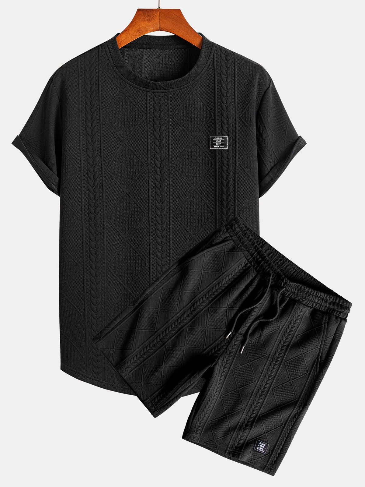 Kortermet geometrisk jacquard buet kant T-skjorte og shorts
