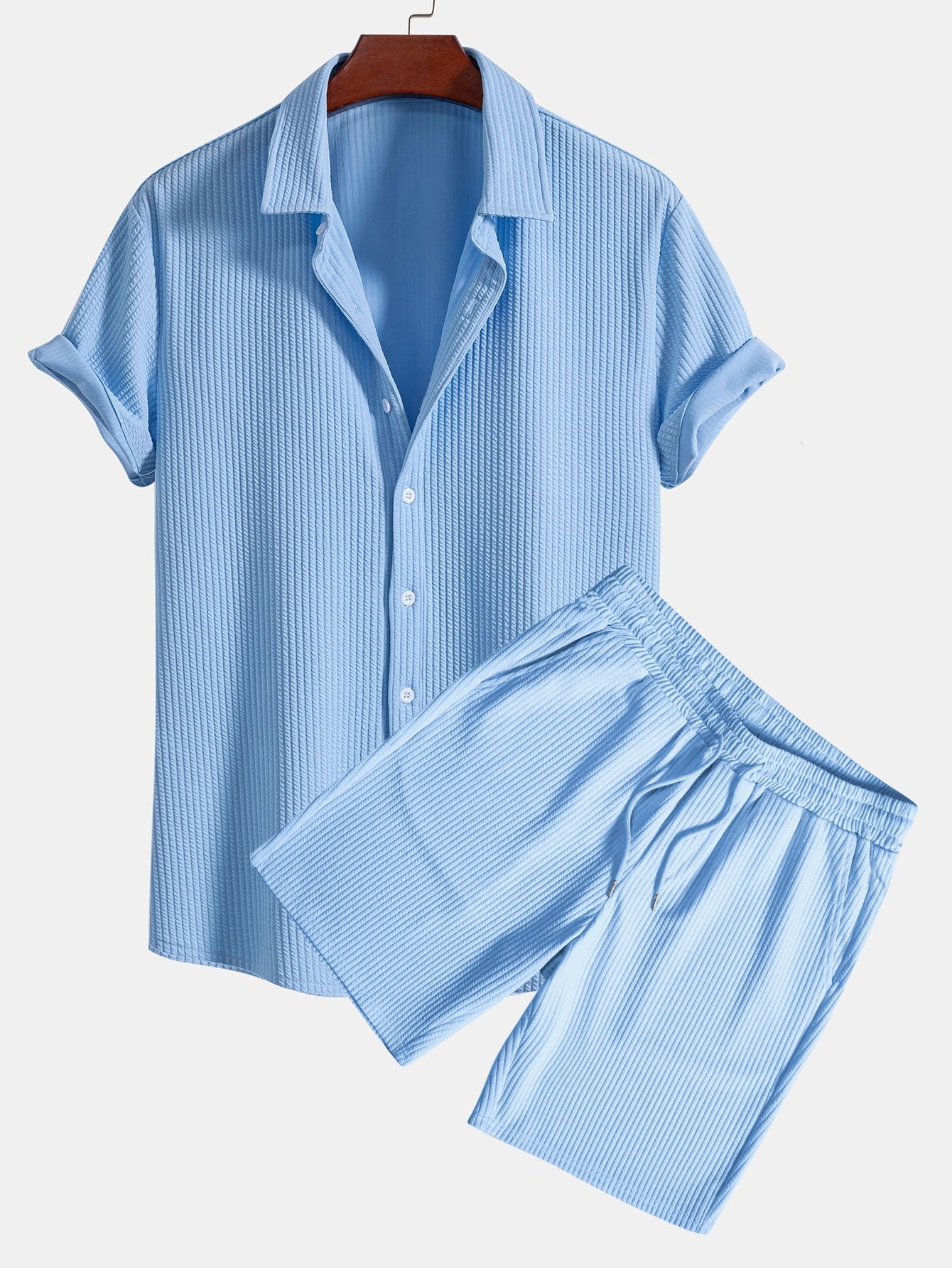 Muskelpassform ribbet skjorte med knapper og shorts