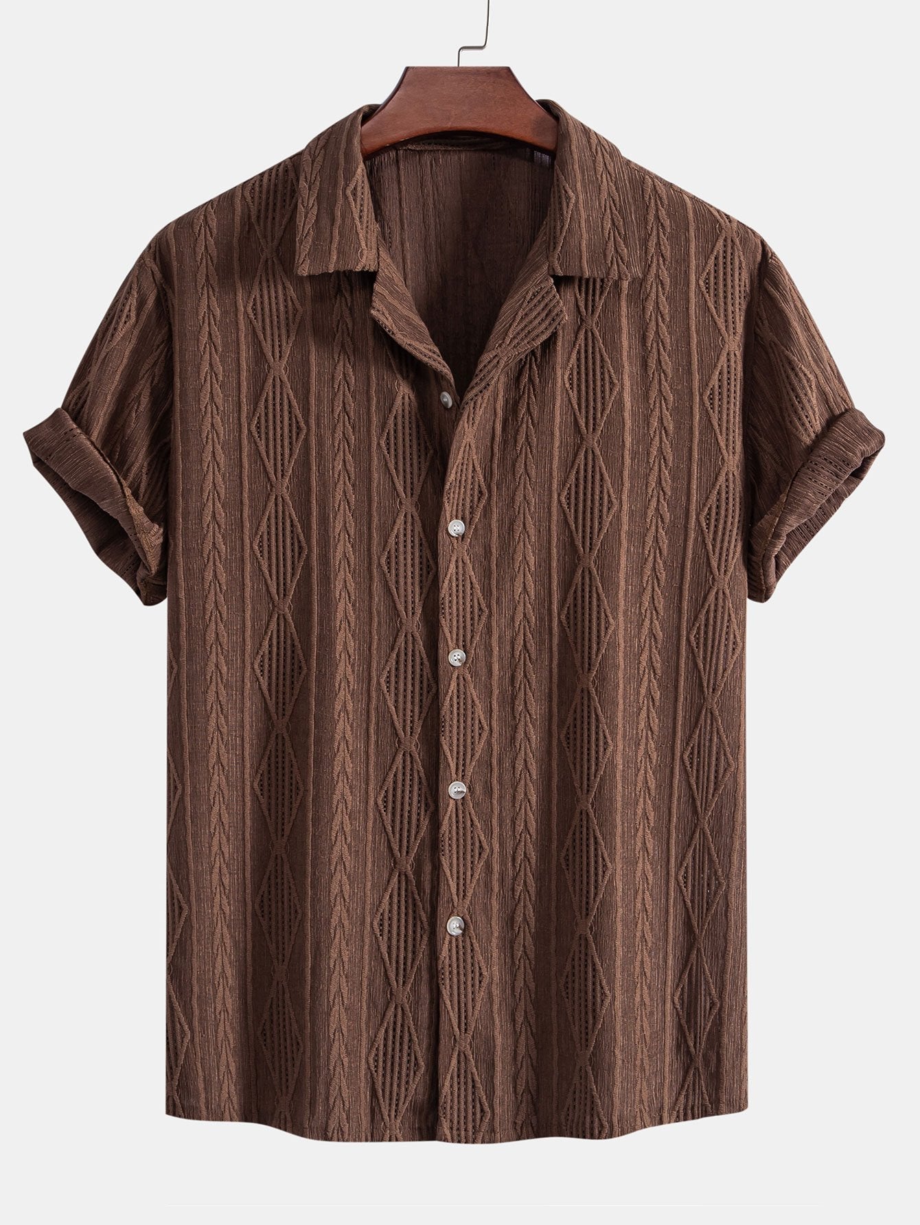 Geometrisk jacquard eyelet cubansk skjorte og krøllete tekstur trekksnor korte bukser