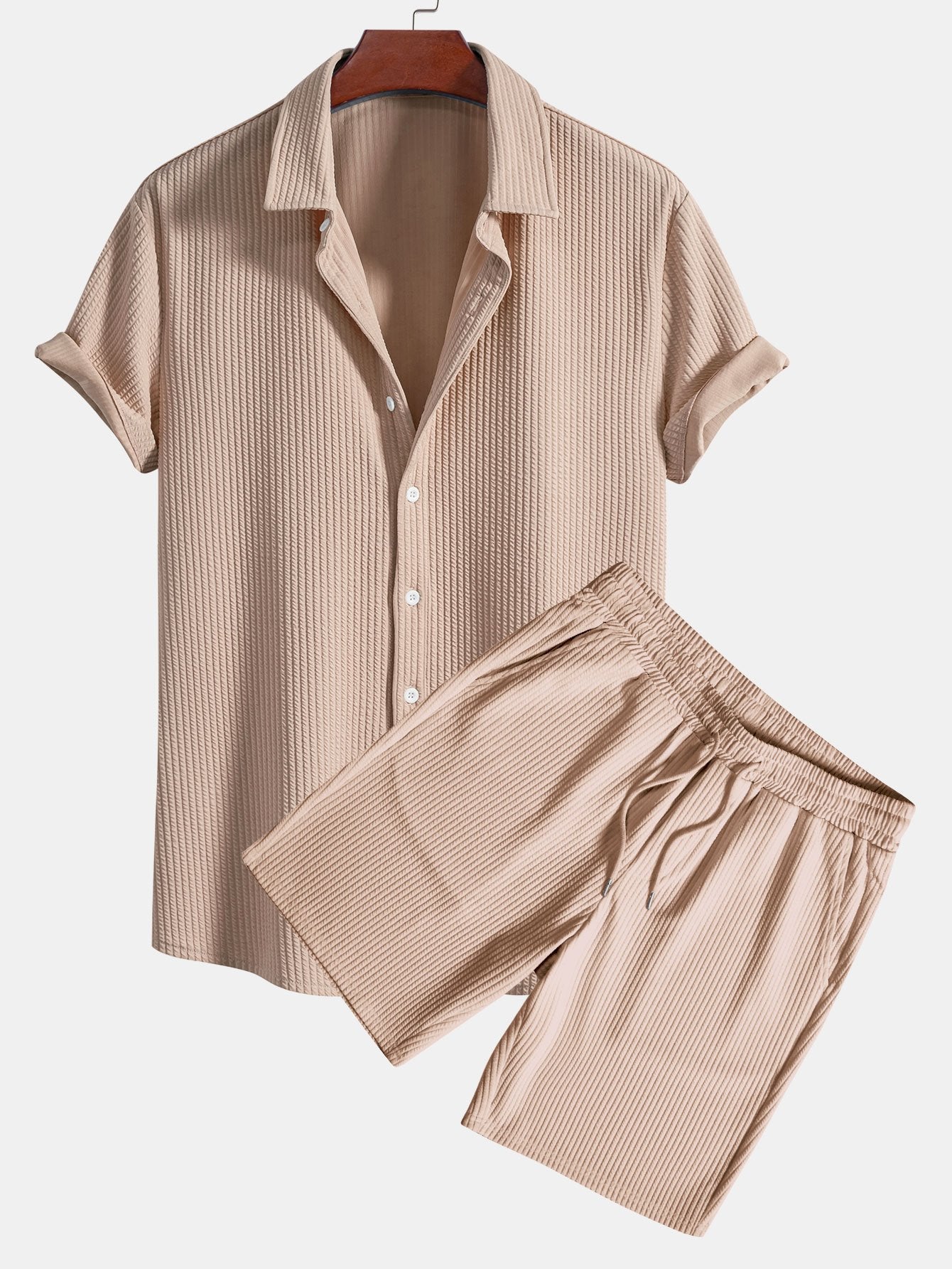 Muskelpassform ribbet skjorte med knapper og shorts